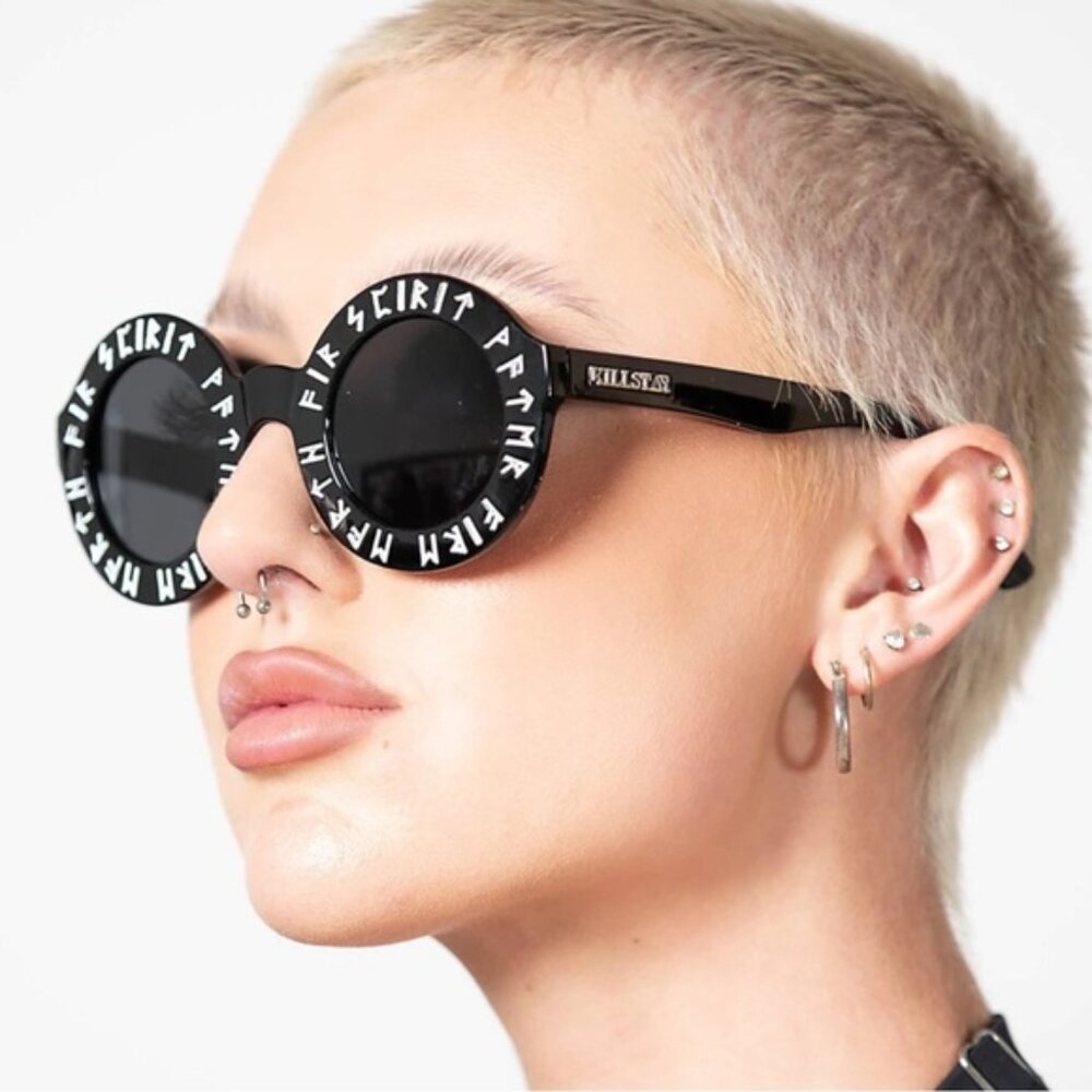 Killstar ✦ Elements Round Sunglasses ✦ Black Frame White Text Lens Detail NWT